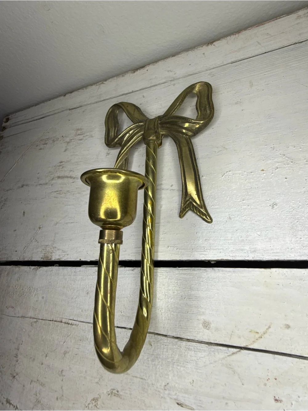 Vintage MCM Brass Bow Wall Sconce Candle Holder 8” Tall, Hollywood Regency Decor